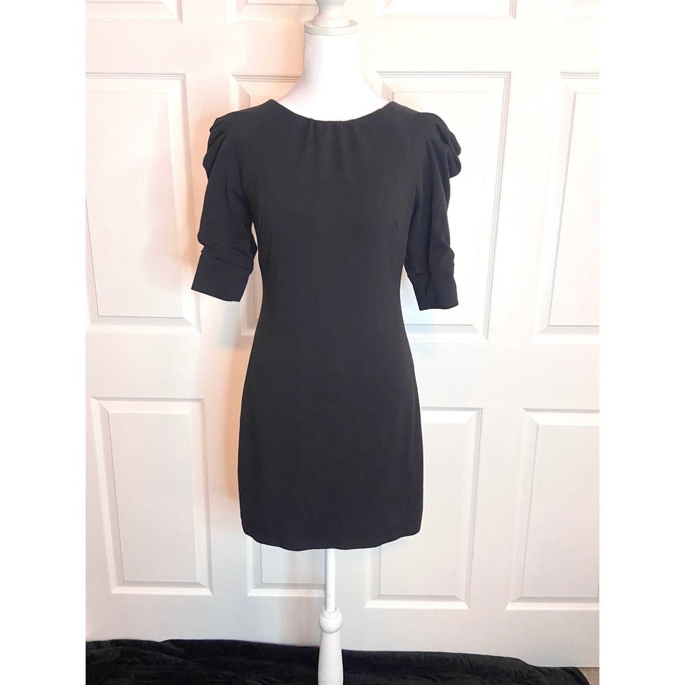 Jessica Simpson Black Puff Sleeve Sheath Dress Size 4 Pleated Elbow Sleeve Mini